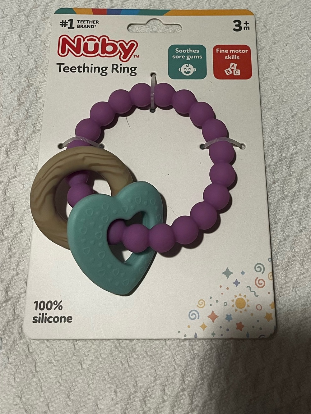 Nuby Purple & Teal Silicone Teething Ring with Tan Textured Ring